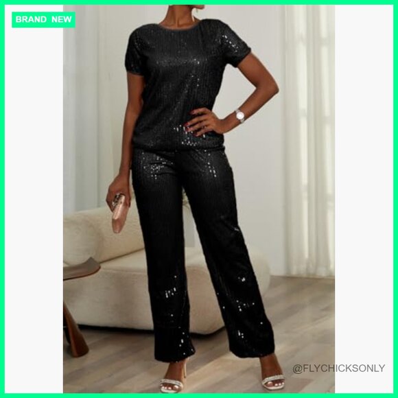 Sequin 2 Piece Outfit Cap Sleeve Versatile Dressy Sparkle Pants Set - Picture 5 of 7